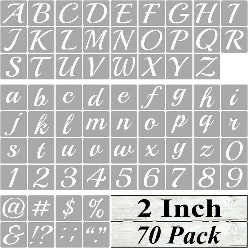 REOLAN 2 Inch Alphabet Letter Stencils for Painting - 70 Pack Letter and Number Stencil Templates with Signs for Painting on Wood, Reusable Cursive Letters Stencils for Chalkboard Wood Signs & Wall Art - Image 1